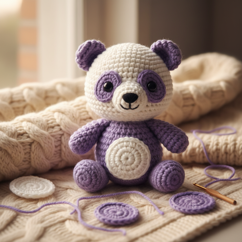 Handmade crochet teddy panda in lavender and white