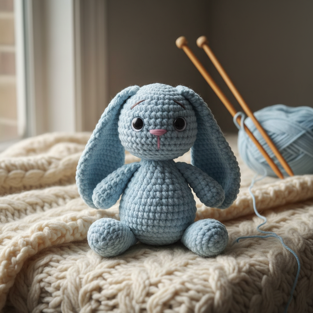 Handmade crochet teddy bunny in blue