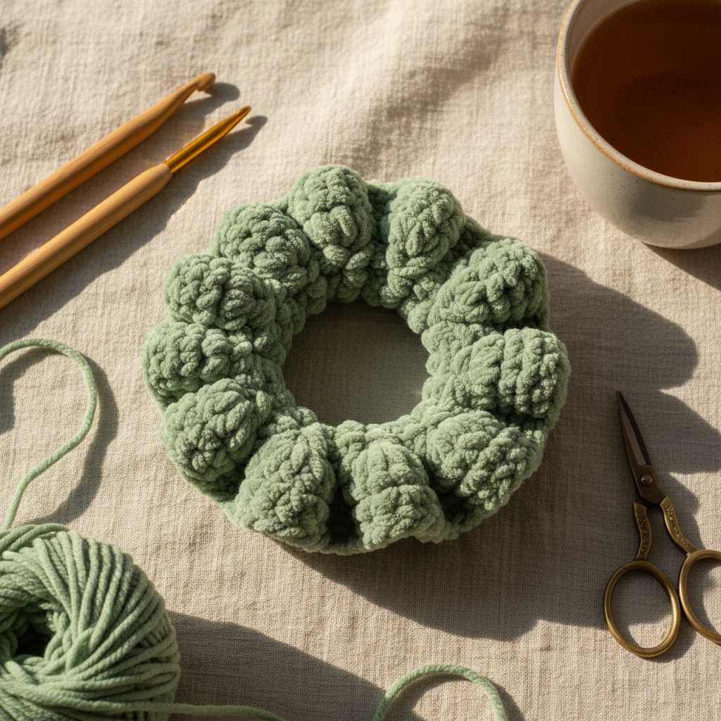 Chunky crochet scrunchie in plain sage green