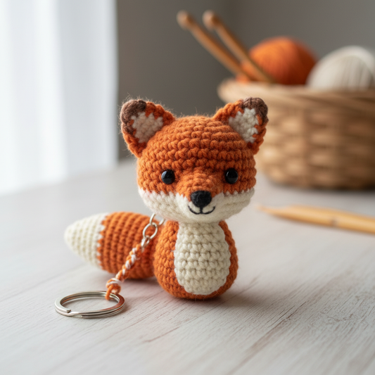Handmade crochet fox keyring in orange and white yarn