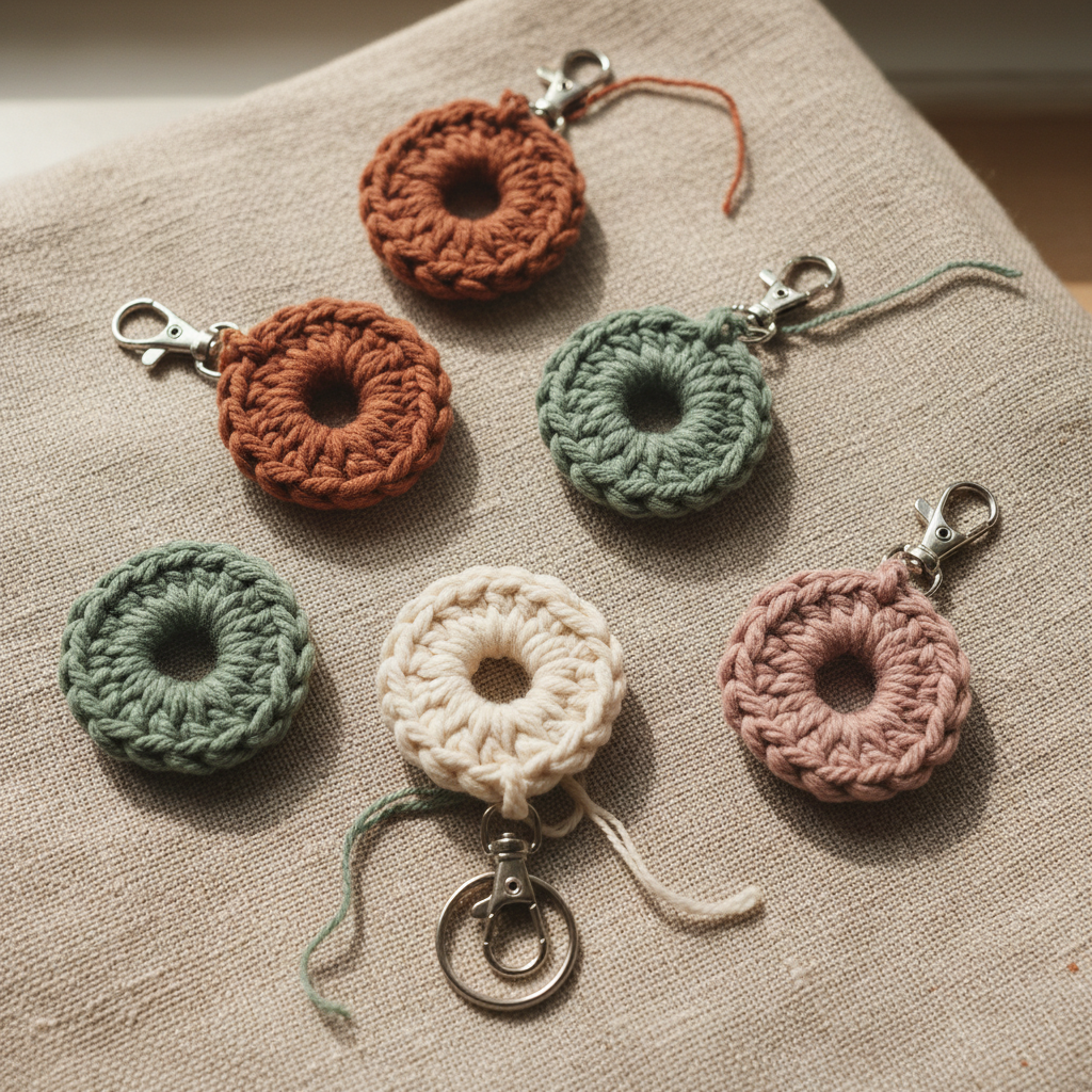 Handmade crochet keyrings in multiple colours