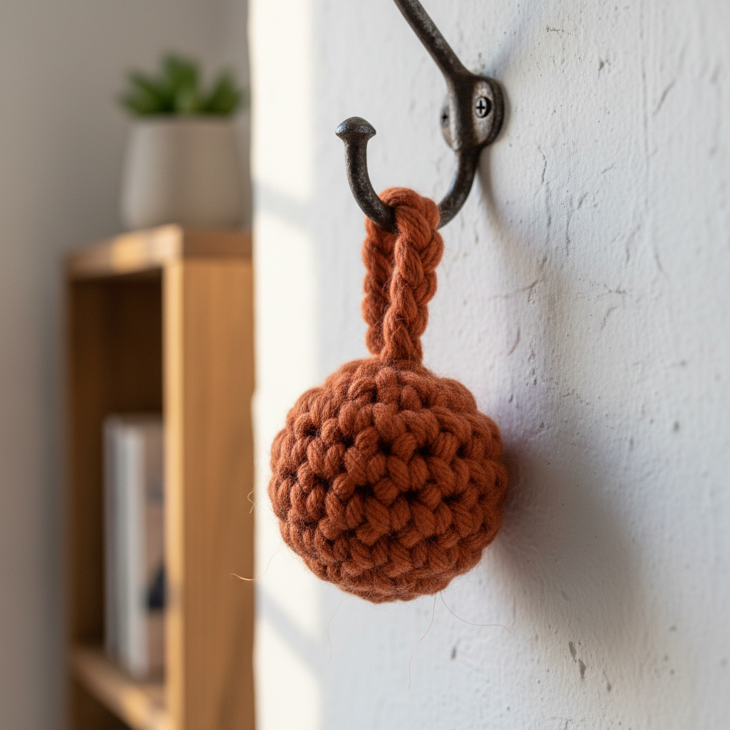 Terracotta crochet keyring hanging on a hook