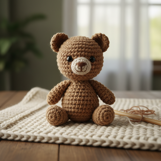 Handmade crochet teddy bear in earthy brown