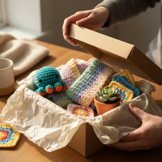 Mystery crochet box being opened