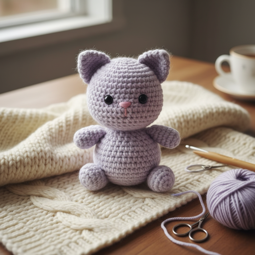 Handmade crochet teddy cat in lavender