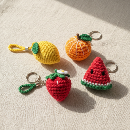 Collection of handmade crochet fruit keyrings